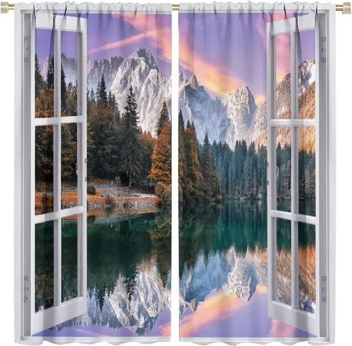 Miniatura 12 de Cortinas de paisaje, ventana tropical con vista al mar, océano, playa, barco, cortinas con estampado de palmeras para dormitorio, sala de estar, Mar