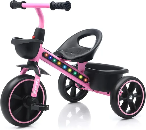 Miniatura 9 de Triciclo para niños con luces LED coloridas para niños pequeños de 1 a 3 años, diseño estable de 3 ruedas y canasta de almacenamiento para paseos