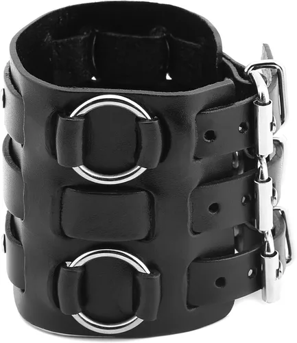 Miniatura 4 de HZMAN Anillo de aleación para hombre, pulsera de cuero genuino, tono plateado, ajustable