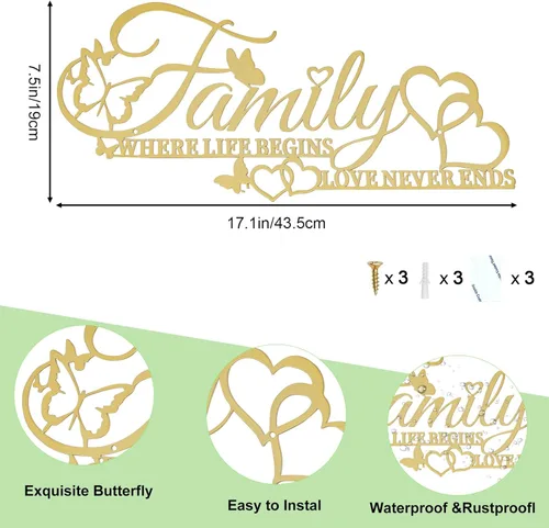 Miniatura 4 de Letrero de metal familiar para pared, con texto en inglés "Where Life Begins Love Never Ends Heart Butterflies", escultura para colgar en la pared