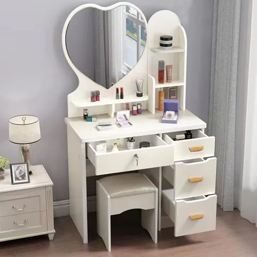 Miniatura 10 de QQXX Juego de tocador grande con espejo, tocador de maquillaje con estantes de almacenamiento y 4 cajones, taburete acolchado para dormitorio