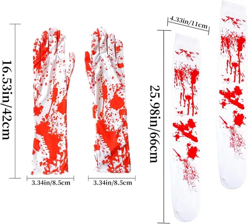 Miniatura 5 de Famiredo Calcetines altos y guantes para disfraz de Halloween, 1 par de guantes manchados de sangre y 1 par de calcetines manchados de sangre