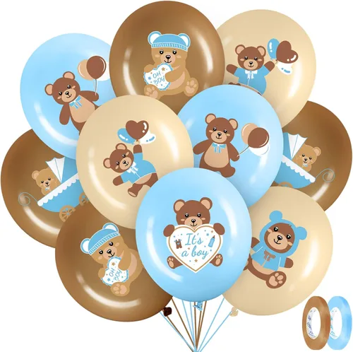 Zomiboo 42 globos de oso para baby shower, de 12 pulgadas, de látex, azul, marrón, oso pequeño, decoraciones de fiesta para baby shower, revelación