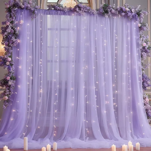 Miniatura 31 de Cortina de telón de fondo de tul azul bebé de 10 x 8 pies con cadena de luces para fiestas, cortinas de fondo transparentes para bodas, baby shower