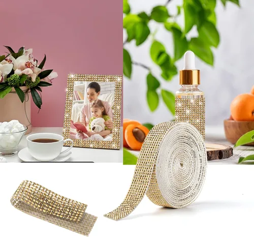 Miniatura 6 de Berenlu Cinta autoadhesiva de diamantes de imitación de cristal, calcomanía decorativa dorada con diamantes de imitación de 0.079 pulgadas, Dorado