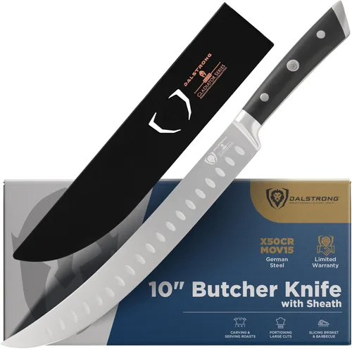 Dalstrong - Cuchillo cimitarra de carnicero, 10 pulgadas, serie Gladiador, acero alemán forjado HC, funda incluida, certificado NSF