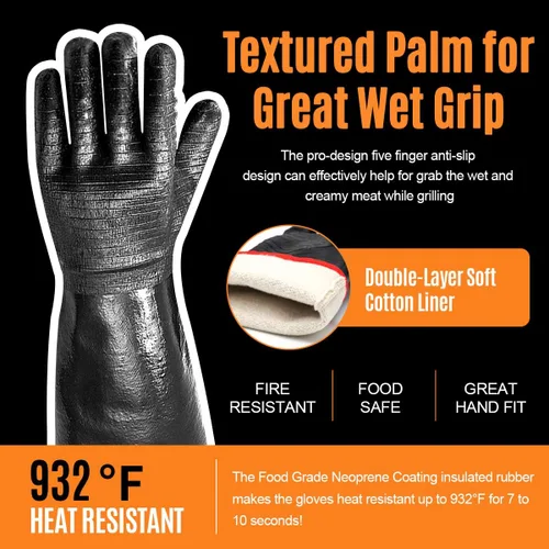 Miniatura 3 de Schwer Guantes de barbacoa resistentes al calor extremo 932°F, guantes impermeables para horno y freidora, guantes de neopreno resistentes al aceite