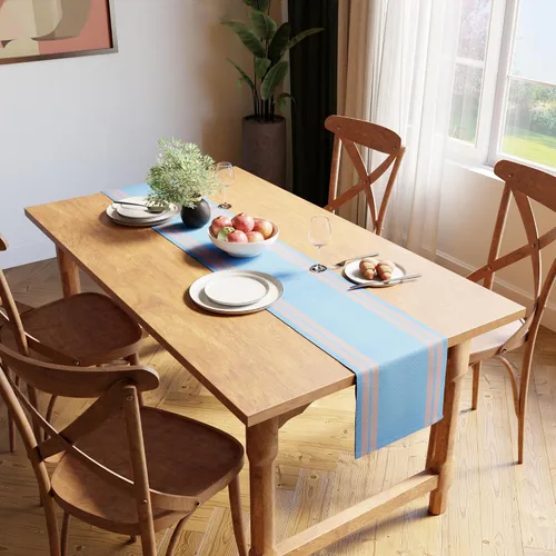 Miniatura 2 de Encasa XO Camino de mesa de comedor de 13 x 72 pulgadas Algodón acanalado fino teñido con hilo Azul escalera Lavable a máquina Escalera Azul