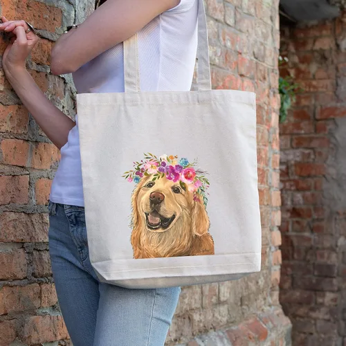 Miniatura 2 de Golden Retriever Tote Bag – Regalo para amantes de Golden Retriever – Corona de flores Golden Retriever Totes – Bolsos hechos a mano – Bolsas