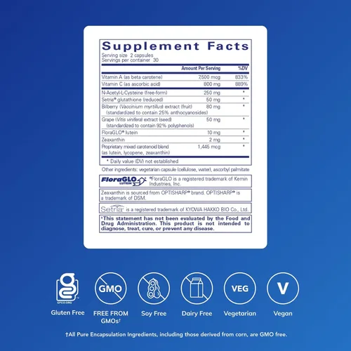 Miniatura 2 de Pure Encapsulations Fórmula de apoyo macular Suplemento hipoalergénico con fórmula antioxidante mejorada para ojos sanos* 60 cápsulas