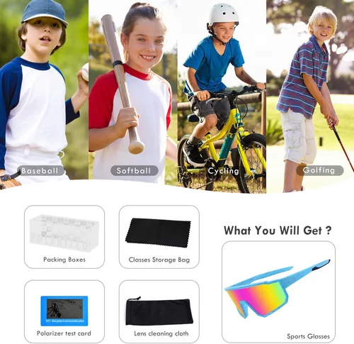Miniatura 7 de Lentes de sol polarizados de béisbol para niños, TR90, marco ligero, para niños y niñas de 6 a 14 años, softbol y ciclismo