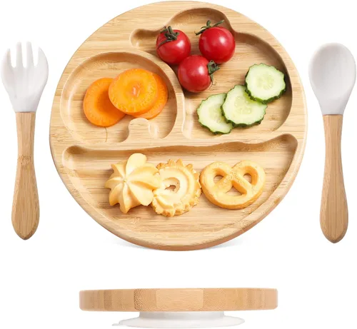 Placas de succión para bebés y niños pequeños, platos de alimentación divididos de bambú con tenedor y cuchara de silicona, platos de comida para