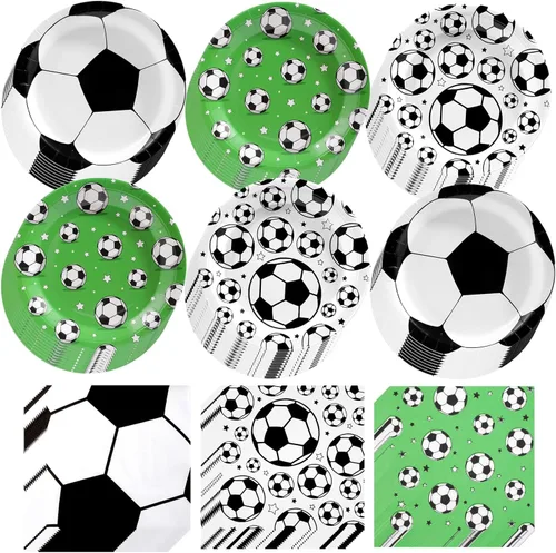 120 piezas de decoración de fiesta de fútbol, suministros de fiesta de cumpleaños de fútbol, juego de vajilla desechable con estampado de fútbol