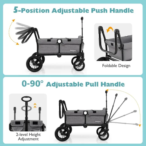 Miniatura 2 de BABY JOY Cochecito vagón para 2 niños, vagón doble plegable para empujar o jalar con mango ajustable, toldo extraíble, arnés de seguridad, Gris
