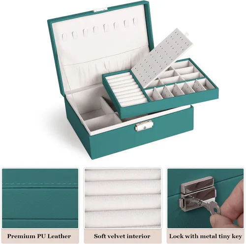 Miniatura 32 de Joyero para mujeres y niñas, contenedor organizador de joyas de 2 capas con cerradura, estuche de almacenamiento de piel sintética con bandeja