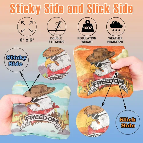 Miniatura 2 de EunHo Cornhole Bags Regulation Dual Sided Set of 8, Professional Cornhole Bean Bags Slick & Sticky Side Bags with Carry Bag Vaca/Águila