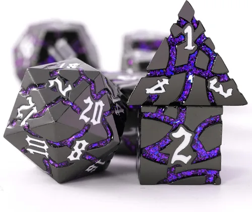 Miniatura 17 de Dados de metal para DND – Ruinas de faraón oro oscuro con grietas moradas – Juego de dados poliédricos para D&D, RPG y más – Bellamente detallados