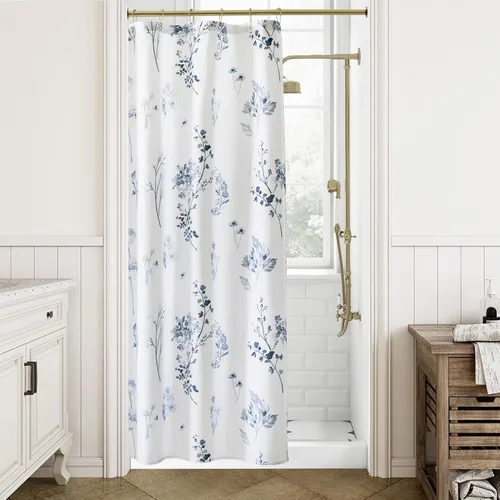 Lino Rosa Cortina de ducha pequeña azul marino, tela impermeable, color azul oscuro y blanco, cortinas de ducha con temática náutica oceánica para