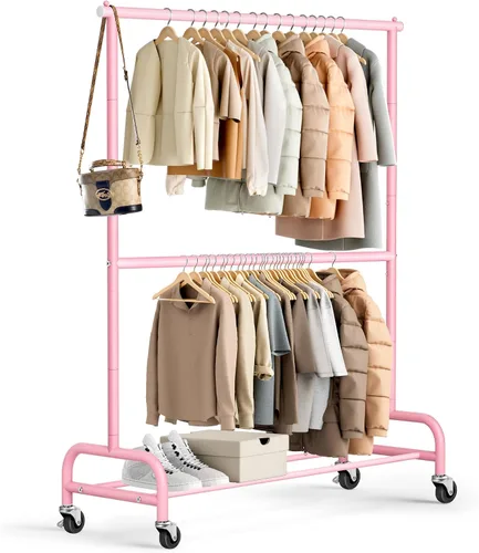 Miniatura 10 de MISSLO Perchero resistente para ropa con doble varilla para colgar, estante de ropa enrollable, armario de closet con ruedas, metal, ajustable, negro