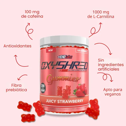 Miniatura 3 de EHP Labs OxyShred Gummies - Gomitas preentrenamiento y masticables energéticos con 100 mg de cafeína, L-carnitina para apoyo térmico y metabólico