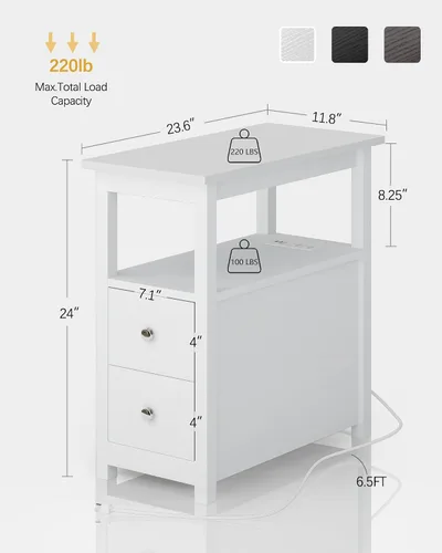 Miniatura 3 de Mesa auxiliar con estación de carga, mesa auxiliar con 2 cajones, puertos USB y tomas de corriente, mesita de noche para espacios pequeños, mesitas