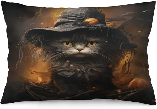 Miniatura 16 de Funda de almohada con sombrero de bruja con diseño de gato de 20 x 30 pulgadas, diseño de impresión de doble cara con cremallera invisible, Patrón 8
