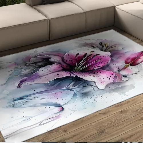Watercolor Flower Rug 6' x 8' Floral Drawing Soft Spring Colors Retro Plant Art Area Rugs with Non Slip Backing White Purple Blue