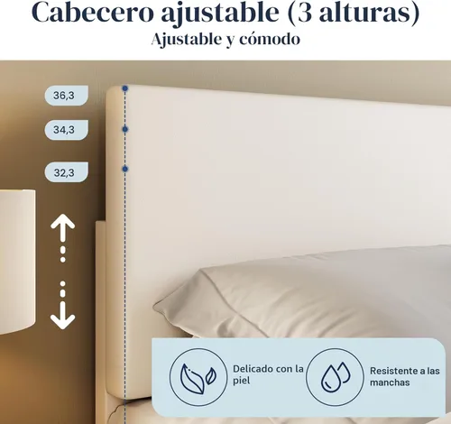 Miniatura 4 de Allewie Estructura de Cama Tamaño Full con Cabecera Ajustable, Cama Plataforma de Cuero Sintético con Listones de Madera, Base de Colchón de Blanco