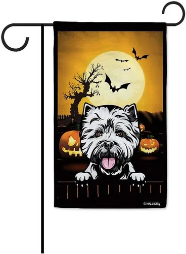 Miniatura 30 de Bandera de jardín de calabaza de Feliz Halloween Jack O'Lantern con perro Rhodesian Ridgeback Halloween Bat Boo Bandera decorativa para patio al