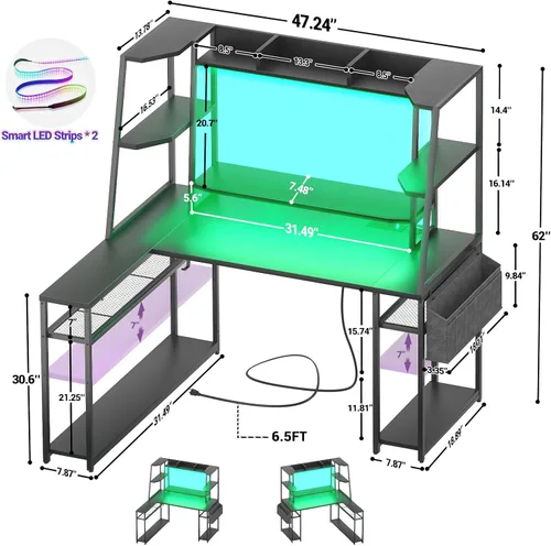 Miniatura 3 de armocity Escritorio para juegos en forma de L con gabinete y estantes, tiras de alimentación de luces LED de computadora de 47 pulgadas