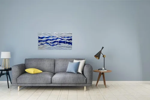 Miniatura 7 de SYGALLERIER Arte de pared abstracto de metal costero, hecho a mano, gran 3D, azul y plateado, ilustraciones modernas de olas de mar, escultura