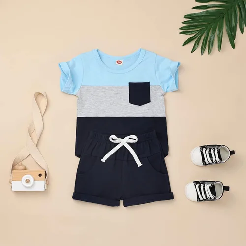 Miniatura 2 de Ropa para bebé niño pequeño, trajes de verano de manga corta, camiseta de retazos y pantalón con bolsillo, conjunto de 2 piezas, 12 meses a 4 años