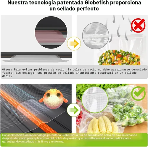 Miniatura 7 de Bonsenkitchen Máquina selladora al vacío, tecnología Globefish para un sellado al vacío perfecto, potente sellador al vacío de alimentos de bajo