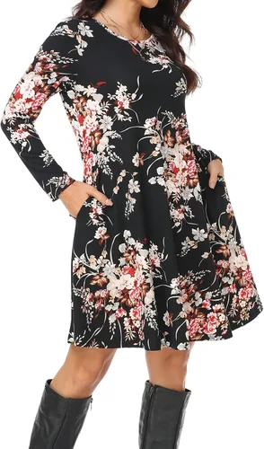 Miniatura 6 de Vestido casual para mujer, holgado, de manga larga, con volantes, cuello redondo, con bolsillos