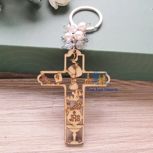 Miniatura 3 de 12 piezas de llavero de madera de primera comunión para regalo de niña para invitados Recuerdos para Primera Comunión con bolsas de regalo