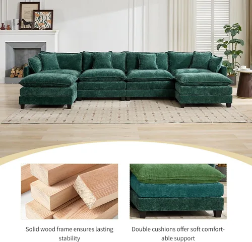 Miniatura 6 de Sofá seccional modular verde de 111.5", sofás seccionales grandes de 3 plazas para sala de estar, sofá nube oversized de tela chenille con otomana