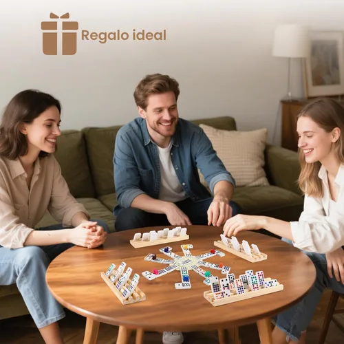 Miniatura 6 de Juego de dominó de tren mexicano con 4 bandejas de madera/estantes de madera, juego de viaje doble de 12 dominó con 4 soportes para azulejos
