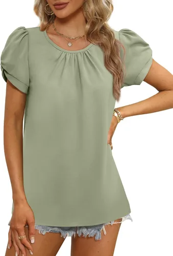Miniatura 2 de Saloogoe Blusas de gasa para mujer, de manga corta, plisadas, cuello redondo, manga abombada
