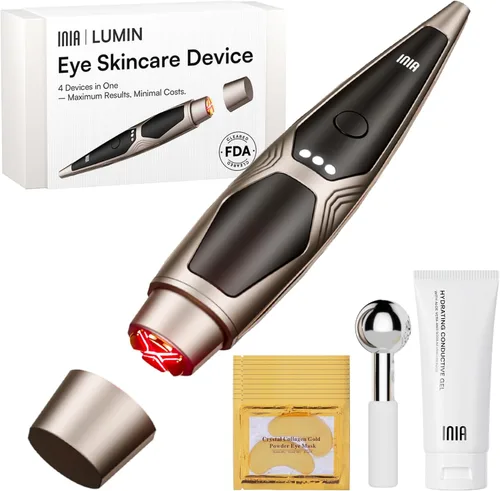 INIA Terapia de luz roja debajo de los ojos para la cara, dispositivo de belleza 4 en 1 con calor, vibración, masaje y luz roja para ojeras,