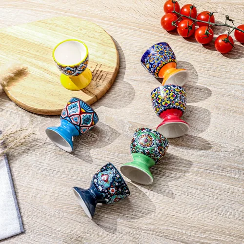 Miniatura 4 de HENXFEN LEAD Juego de 6 vasos de cerámica boho para huevos coloridos para huevos duros y suaves, aptos para microondas y lavavajillas, perfectos