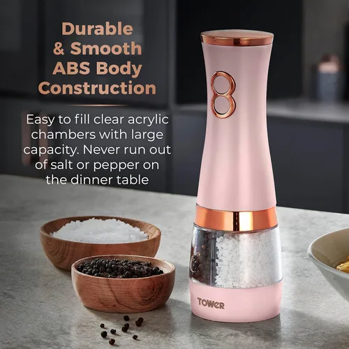 Miniatura 3 de Tower T847004PNK Molinillos eléctricos de sal y pimienta, funcionan con pilas con molinillos de cerámica ajustables, oro rosa y rosa