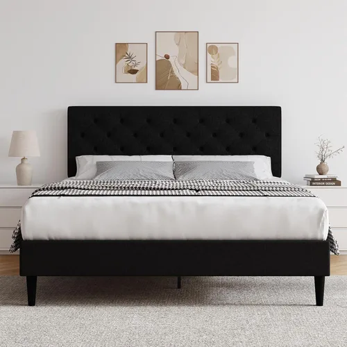 Miniatura 10 de HOMBCK Marco de Cama Queen con Cabecera Capitoné con Botones, Marco de Cama de Plataforma Tapizada Azul, Tela Suave/Soporte de Listones de Madera/No