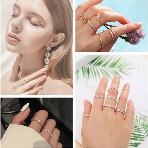 Miniatura 4 de Honsny Juego de anillos apilables chapados en oro de 14 quilates para mujer, anillos apilables para nudillos, anillos de plata finos y delicados