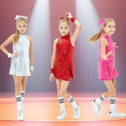 Miniatura 7 de Vestido de baile de lentejuelas para niñas, disfraz de baile de jazz, trajes de hip hop, sin mangas, vestido de baile brillante y pantalones cortos