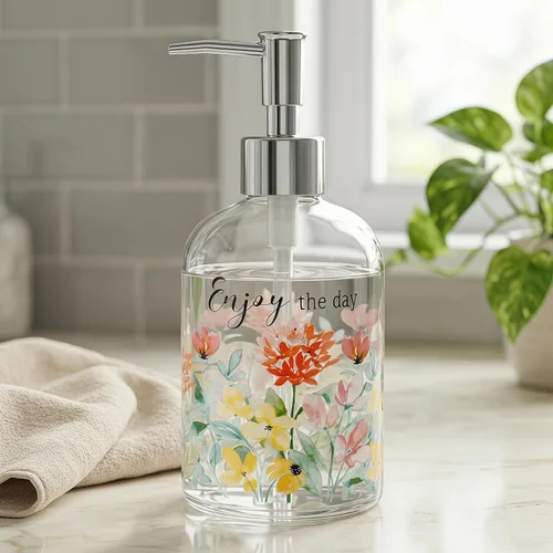 Topadorn Dispensador de jabón de vidrio de 17 onzas con bomba, impresión floral de acuarela Enjoy the Day, botella líquida recargable para cocina y