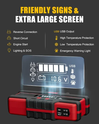 Miniatura 4 de PJS06 Pro 6000A Arrancador de Coche (Todo Gas y Diésel de 12L), Banco de Energía Portátil de 74Wh con Carga Rápida de 40W, Pantalla LCD Inteligente