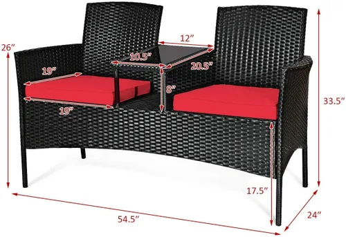 Miniatura 5 de HAPPYGRILL Sofá biplaza de mimbre de ratán con mesa de café, sofá de conversación al aire libre con cojines para jardín, césped, patio trasero