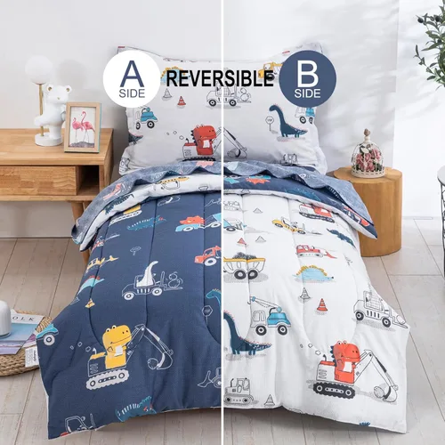 Miniatura 2 de DJY Juego de ropa de cama de algodón tamaño Twin, juego de edredón reversible de dinosaurios y autos para niños y niñas, 4 piezas de cama en una