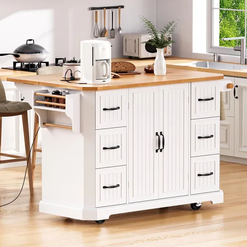 Miniatura 9 de Isla de cocina de 2 hojas caídas sobre ruedas, carrito de cocina rodante con tomas de corriente, mesa de isla de cocina con 2 gabinetes