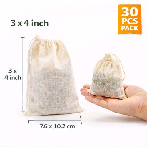 Miniatura 6 de Bolsas de especias de algodón orgánico con cordón – 30 bolsas de té de muselina reutilizables para cocinar, sopa, hierbas y té de hojas sueltas